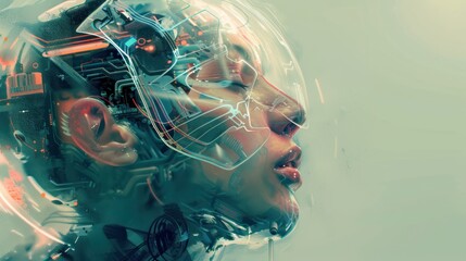 Wall Mural - Illustration of a woman's head tie sideways modern cyborg robot artificial intelligence technology.