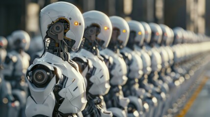 Wall Mural - White humanoid robots are lined up in a technology industrial factory. The advanced IOT AI of the future.