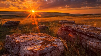 Wall Mural - a bright orange sunset casting a warm glow on a field of mushroom rocks creating a stunning natural 