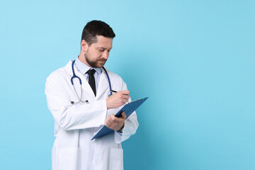 Canvas Print - Doctor with clipboard and stethoscope on light blue background. Space for text