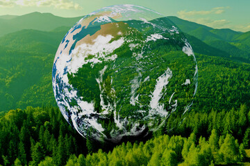 Wall Mural - Save the planet. Beautiful mountains and planet Earth, double exposure