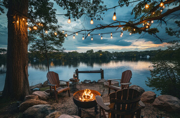 Wall Mural - A beautiful outdoor fire pit with chairs, overlooking the lake and trees. The sky is cloudy but has many lights hanging from it