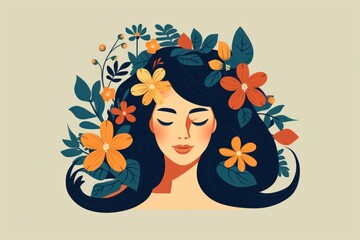 Wall Mural - Beautiful girl with flowers in her hair, fashionable illustration, isolated background, watercolor painting. 