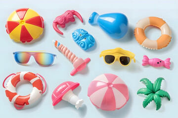 Pool toys cartoon 3D objects and elements collection, top view, isolated on white background