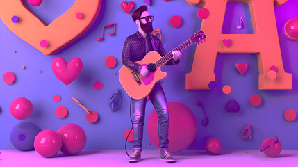 Wall Mural - 3D avatar of a man with a purple background featuring a love sign and a guitar. 