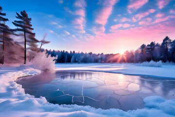 Canvas Print - A serene winter landscape featuring a partially frozen lake with cracked ice patterns, surrounded by snow-covered trees under a vivid sunrise. The sky is painted with hues of pink and blue.