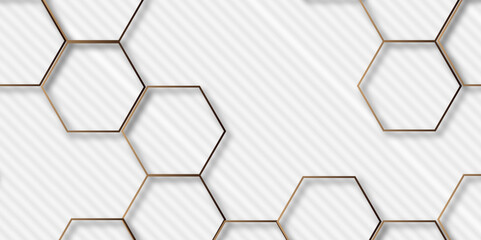 Luxury hexagonal abstract white background with golden light lines. Creative and decorative modern technological hexagon pattern background.	
