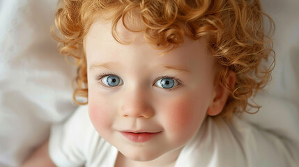 Professional studio portrait photo of a cute model boy with red hair smiling on a white background.