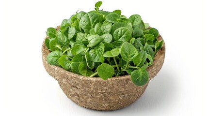 A fresh bunch of spinach leaves neatly arranged in a natural fiber bowl on a transparent background.