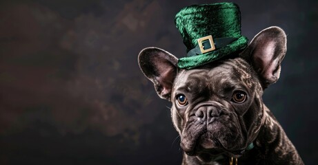 Poster - Festive French bulldog dressed in green hat for St. Patrick's Day celebration, looking adorable and cheerful - Generative ai