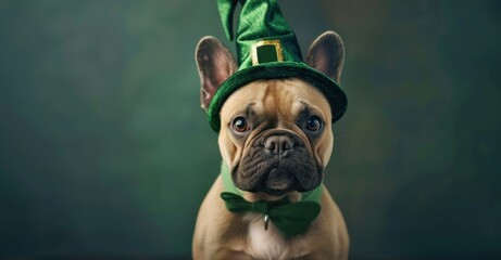 Wall Mural - Festive French bulldog dressed in green hat for St. Patrick's Day celebration, looking adorable and cheerful - Generative ai