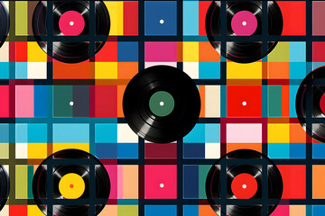 Wall Mural - Retro geometric pattern with music vinyl records and colorful squares