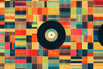 Wall Mural - Retro geometric pattern with music vinyl records and colorful squares