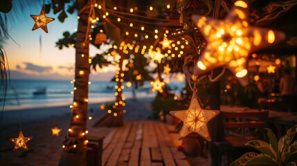 Beautiful tropical beach at sunset, adorned with glowing star-shaped lights, creating a festive and enchanting atmosphere.