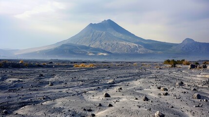 Wall Mural - a serene shot of a dormant volcano in stark contrast to the danger and destruction caused by an acti