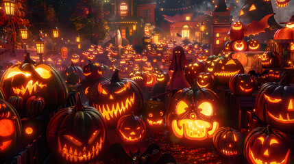 Intricate Halloween Pumpkin Designs with Spooky Elements and Glowing Jack-O'-Lanterns