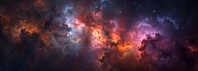 Wall Mural - background panorama of vast, swirling nebula with vibrant reds and blues, against backdrop of twinkl