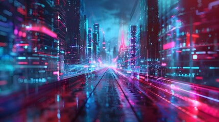 Wall Mural - A cityscape with neon lights and a blurry background. Scene is futuristic and vibrant
