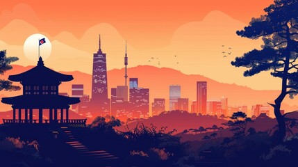 Wall Mural - Korea skyline vector silhouette isolated cityscape panoramic architecture area,