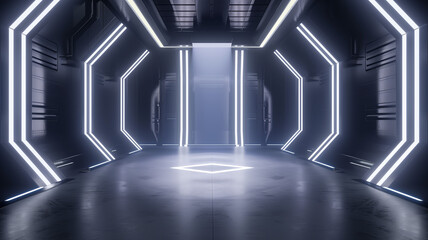 Wall Mural - A minimalist 3D environment with neon light beams forming a geometric pattern on the floor and walls, set against a dark background with a central spotlight, suitable for a high-tech, sci-fi presentat