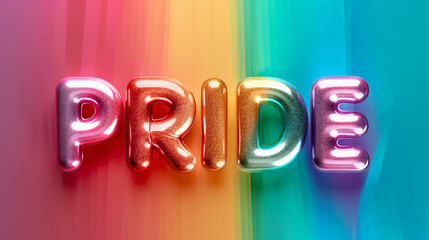 Colorful Word PRIDE on Rainbow Gradient Background, Glossy Bubble Inflated Text Effect. LGBTQ+, Gender Identity, Freedom, Equality, Diversity, Human Rights. Party Poster, Social Media Header, Banner