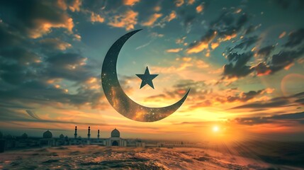 Wall Mural - the emblem of the sacred day known as Eid al-Adha. A star with a waning moon. The symbol for Halal