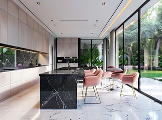 Wall Mural - Modern kitchen in a luxury house with an island, black marble and stainless steel appliances, 