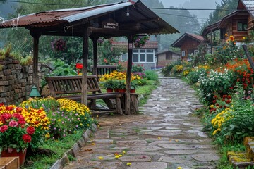 Wall Mural - A quaint bus stop in a rural village, surrounded by colorful flowers and rustic wooden benches