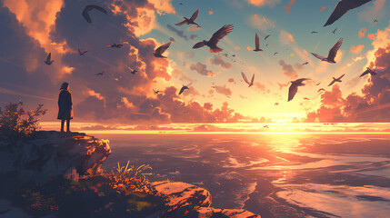 people standing enjoying the atmosphere of the sunrise with many small birds flying in the sky