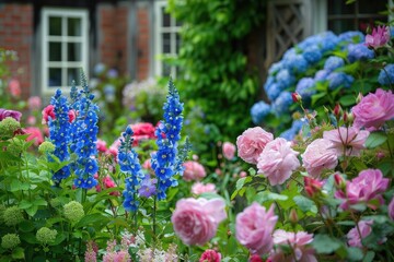 Wall Mural - A quaint cottage garden overflowing with fragrant roses, peonies, and delphiniums, their sweet scents perfuming the air and attracting pollinators.