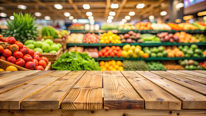 Wall Mural - Empty table in front of blurred background. Perspective dark wood table over blur in supermarket fruits and vegetables shelf. Mock up for display