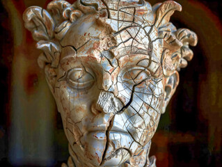 Wall Mural - A broken statue of a face with a damaged nose. The face is made of stone and has a cracked appearance