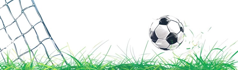 Soccer ball flies into the goal net against a white background with green grass, capturing the moment of scoring - Generative ai