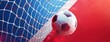 © Gelpi - Soccer ball flies into the goal with a white net on a dynamic red and blue background, capturing the excitement of scoring - Generative ai