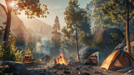 Wall Mural - Idyllic campsite in the forest at dawn, with tents and a warming campfire amidst towering trees and misty mountains.