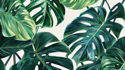 Monstera leaves pattern painted in watercolor - A lively pattern of large green monstera leaves with detailed shading