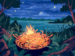 Wall Mural - A painting of a crab pot with a fire in it. The painting is of a forest with a lake in the background. The mood of the painting is peaceful and serene