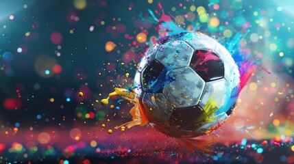 Colorful soccer ball with dynamic paint splashes and vibrant bokeh background showcasing sports energy - Generative ai