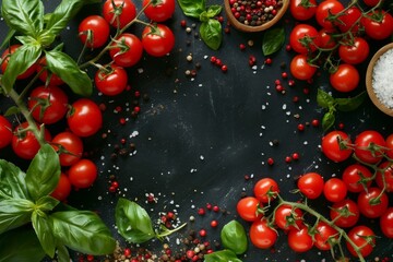 Wall Mural - Cherry tomatoes, basil, pepper, salt, and spices on black background