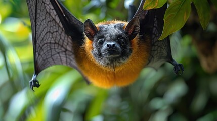 A photo of an orange and black fruit bat hanging upside down from a tree in the jungle.