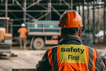 A construction worker in a hard hat and safety vest stands on a busy site, reminding everyone of the importance of safety.