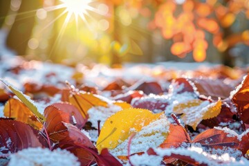 Snow On Leaves. Colourful Autumn Leaves on Tree with First Snow in Park Landscape