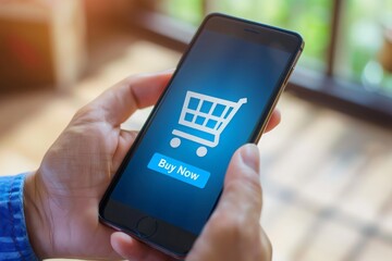 A close-up image of a hand holding a smartphone displaying a shopping cart icon and a Buy Now button.