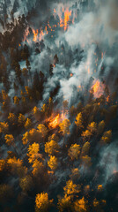 Poster - Aerial view of a pine forest fire with flame and smoke