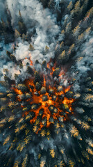 Wall Mural - Aerial view of a pine forest fire with flame and smoke
