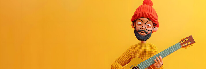 Wall Mural - 3D character man with a beanie and eyeglasses playing a guitar. Minimalist style. Yellow background. 