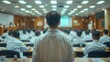 © visoot - In the classroom, the professor gave a lecture, and group Chinese doctors in white coats and suits were listening. Generative AI.