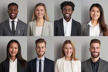 Wall Mural - set of 8 young diverse businessperson profile picture showing positive emotions on grey background
