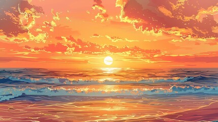 Wall Mural - Stunning Vibrant Sunset Over Ocean Waves with Dramatic Clouds and Reflective Water Surface Capturing the Beauty of Nature and Serene Coastal Scenery