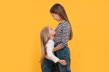 Canvas Print - Portrait of cute little sisters on orange background